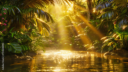 Serene Tropical Oasis  A Lush Jungle River Meanders Through Dense Foliage  Inviting Adventure and Exploration