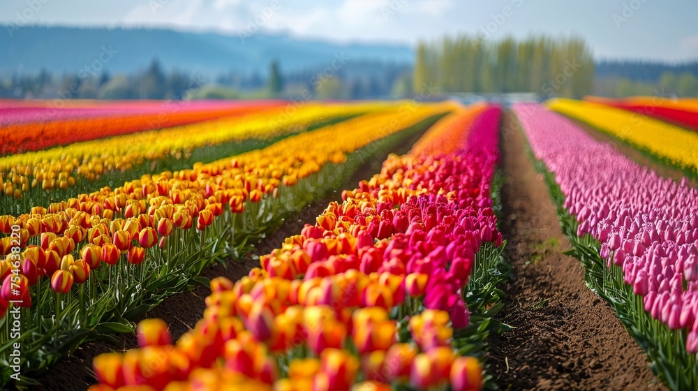 Tulip fields in full bloom a colorful quilt of natures design