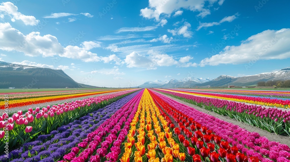Tulip fields in full bloom a colorful quilt of natures design