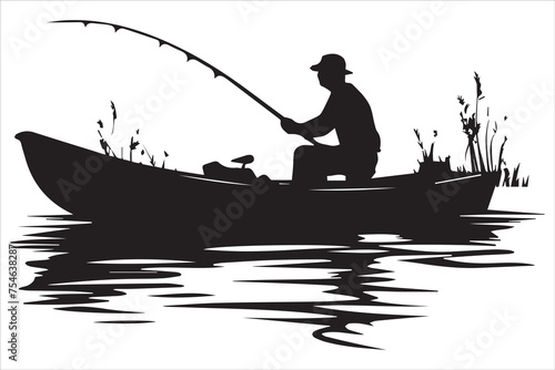 Fisherman in boat silhouette  Vector illustration