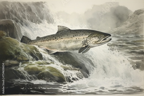 Salmon fish on the rapids and rocks