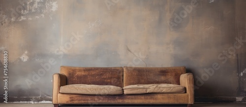An old vintage, used, and defective couch is positioned in front of a gray concrete wall in a living room with a wooden floor.