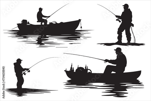 Fisherman in boat silhouette Vector illustration