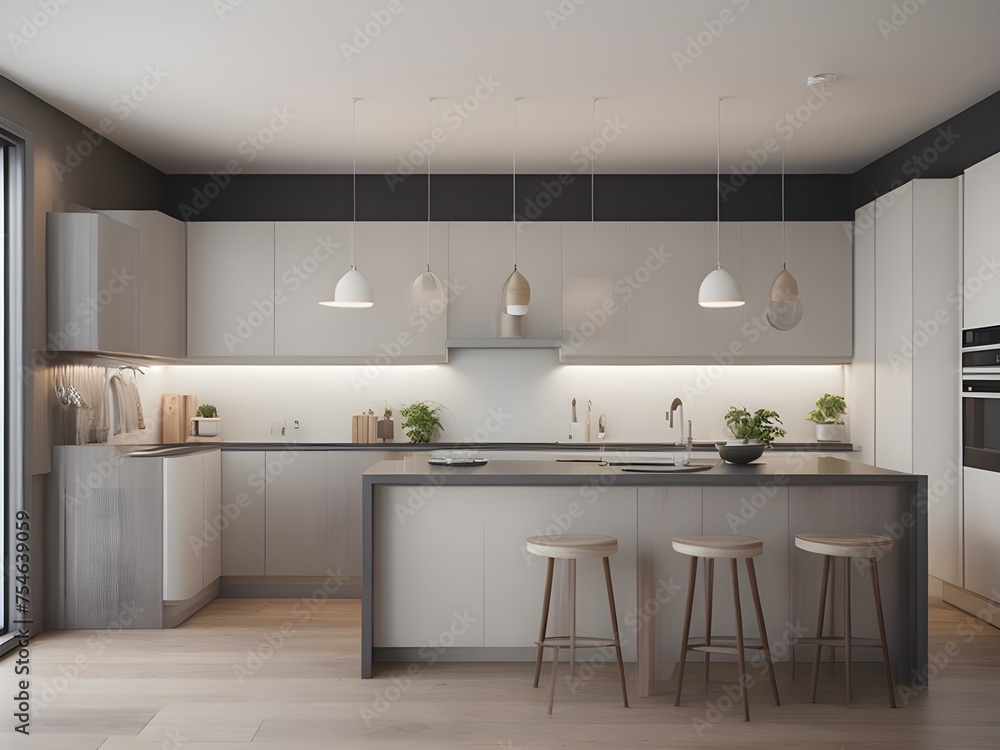 Modern kitchen interior design with island and pendant lights