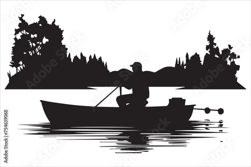 Fisherman in boat silhouette  Vector illustration