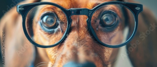 Funny little dachshund wearing glasses distorted by wide angle closeup. Focus on the eyes. photo
