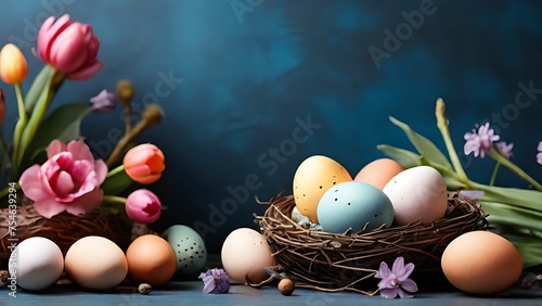 Colored eggs in the nest with flowers, easter background