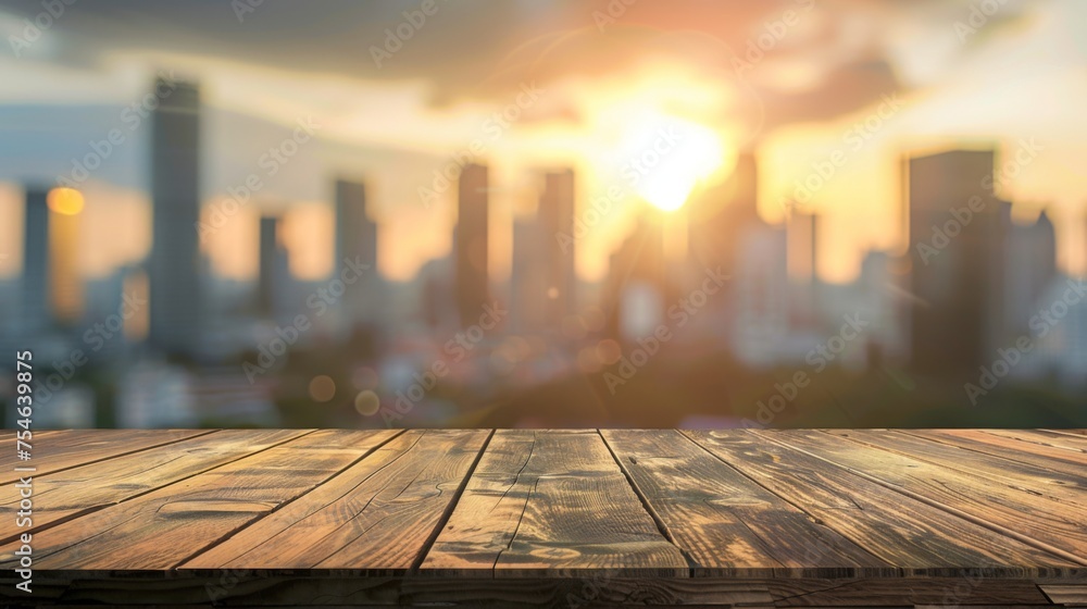 Wooden table top with copy space. Modern skyline background Wooden table top with copy space. Modern skyline background