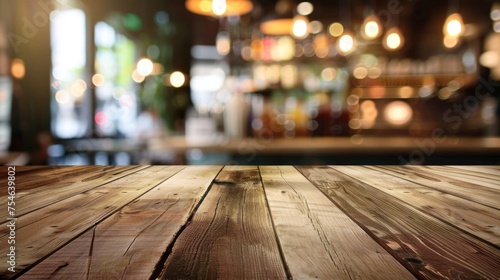 Wooden table top with copy space. Restaurant background