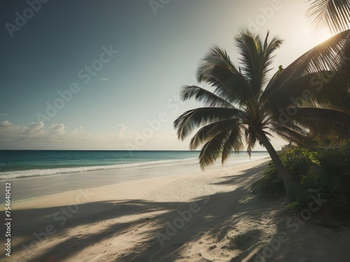 Tropical beach with palm tree at sunset