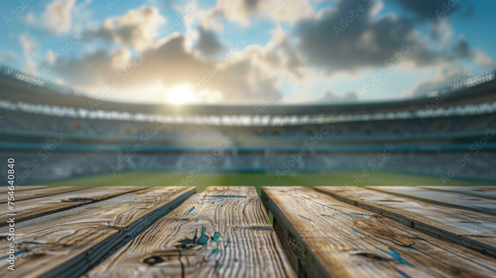 Wooden table top with copy space. Stadium background
