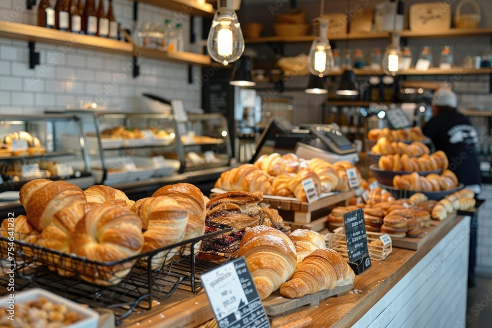 A quaint bakery, filled with the alluring aroma of freshly baked goods, invites patrons into a world of sweet and savory delights. Behind glass displays, an array of pastries, from flaky croissants to