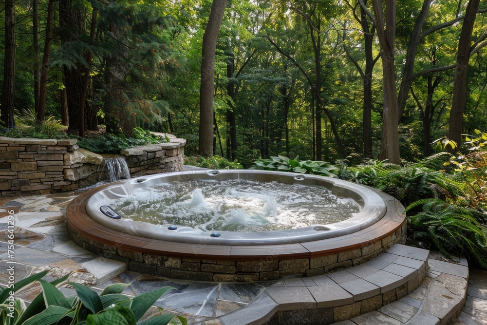 outdoor spa environment, emphasizing the integration of the spa with natural surroundings, such as a tranquil garden, stone pathways, or a calming water feature