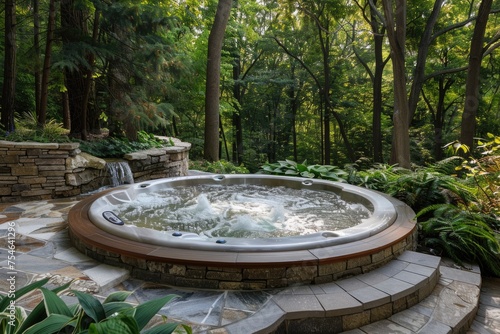 outdoor spa environment, emphasizing the integration of the spa with natural surroundings, such as a tranquil garden, stone pathways, or a calming water feature © Phimchanok