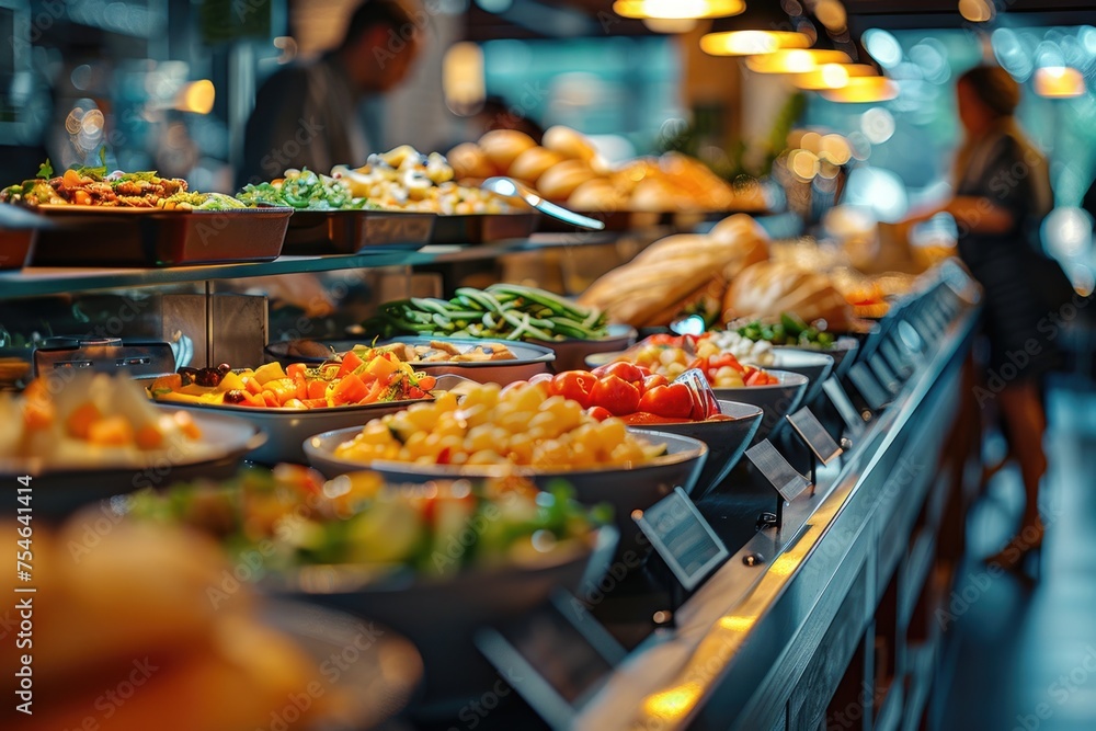 Obraz premium A close-up shot of a hotel breakfast buffet with a diverse selection of foods, highlighting the interaction between customers choosing their meals and the luxurious backdrop of the hotel architecture.