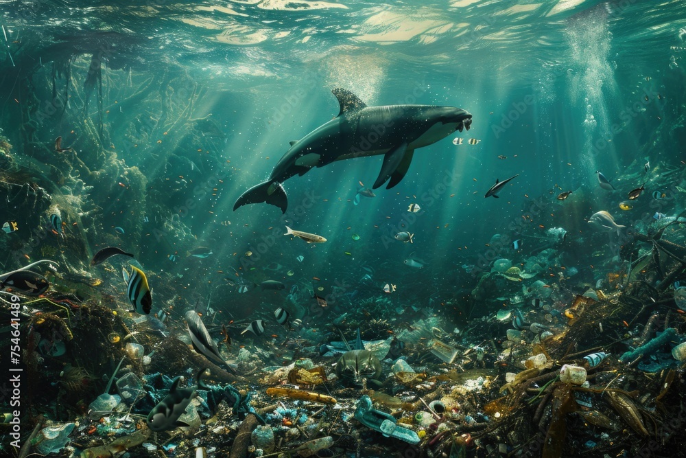 Obraz premium The marine environment faces severe challenges due to pollution, a pressing issue threatening the health and diversity of oceanic life. Waste, particularly plastic, accumulates in vast quantities, for