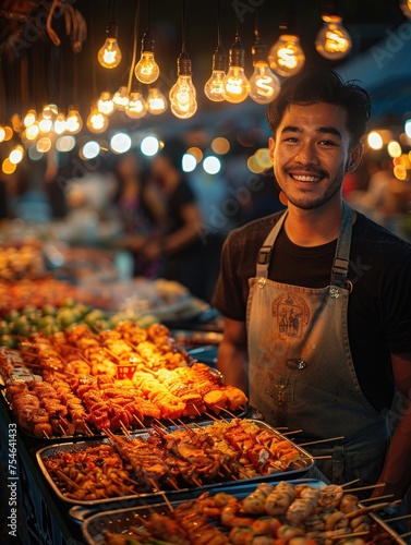 In Thailand, a street food vendor expertly navigates a compact, mobile kitchen along a bustling sidewalk, drawing in locals and tourists alike with enticing aromas. The vendor's skilled hands move
