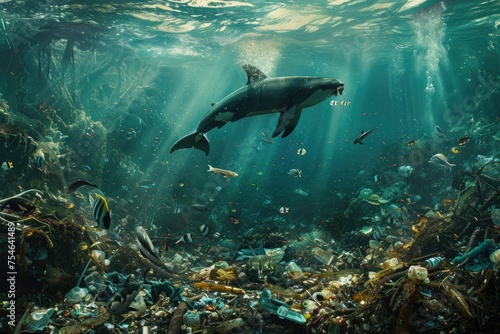 The marine environment faces severe challenges due to pollution, a pressing issue threatening the health and diversity of oceanic life. Waste, particularly plastic, accumulates in vast quantities, for © Phimchanok