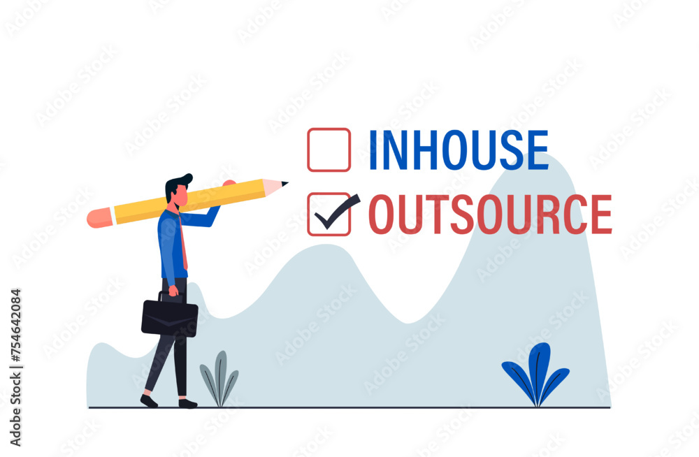 Business manager deciding between inhouse or outsourcing with check mark Business manager deciding between inhouse or outsourcing with check mark