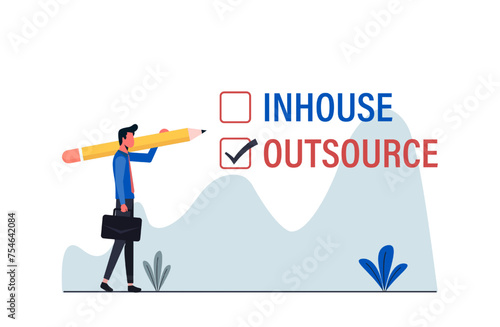 Business manager deciding between inhouse or outsourcing with check mark