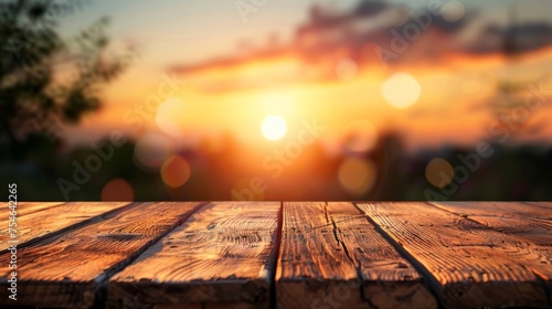 Wooden table top with copy space. Sunrise background