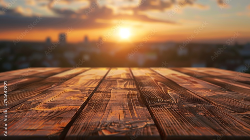 Wooden table top with copy space. Sunset background Wooden table top with copy space. Sunset background