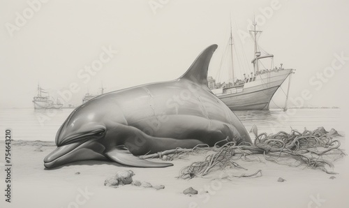 Black and white portrait of a dolphin laying on the beach  sands beside seaweed, ship anchored off at sea in the distance, misty day . 