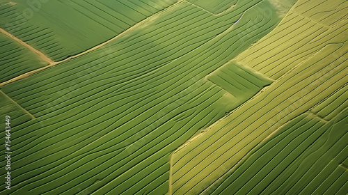 Aerial top view of panorama seen from above plain, cultivated land divided into geometric shapes on spring background