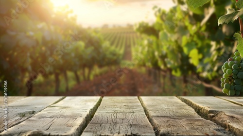 Wooden table top with copy space. Vineyard background