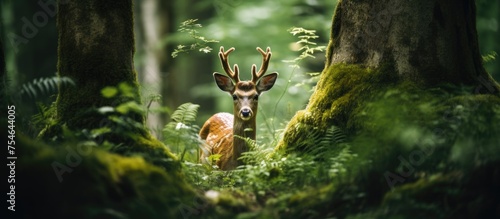 A wild deer of the species Capreolus capreolus is seen standing in the middle of a dense forest during the spring season, staring directly into the camera.