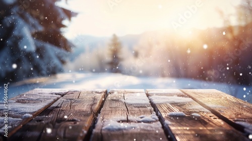 Wooden table top with copy space. Snowy landscape background