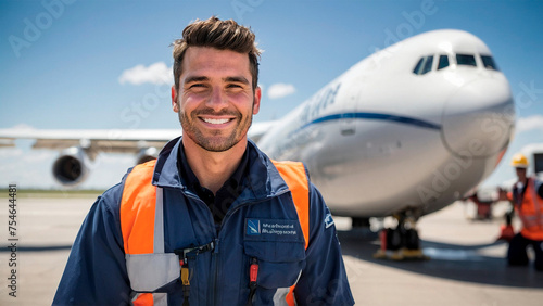 a very handsome marshaller standing next to the plane photo