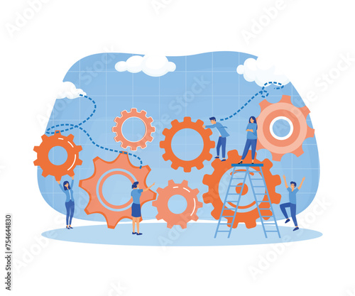 Man and woman business organization with circle gear. Skill job cooperation coworker person. Group company process development structure workforce banner. flat vector modern illustration