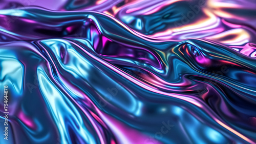 Close-up of a vibrant abstract holographic texture with liquid wave patterns in pink and blue shades. 