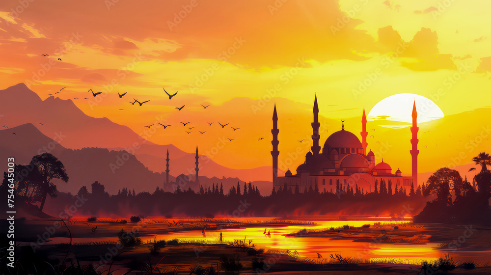 Fototapeta premium a magnificent mosque with views of the river beside it and mountains and beautiful views. twilight with the sun about to set. AI generate illustration.