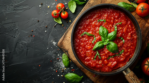 Classic tomato sauce with basil leaves simmering in a pan