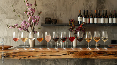 Contemporary grape wine tasting setup with assorted wines