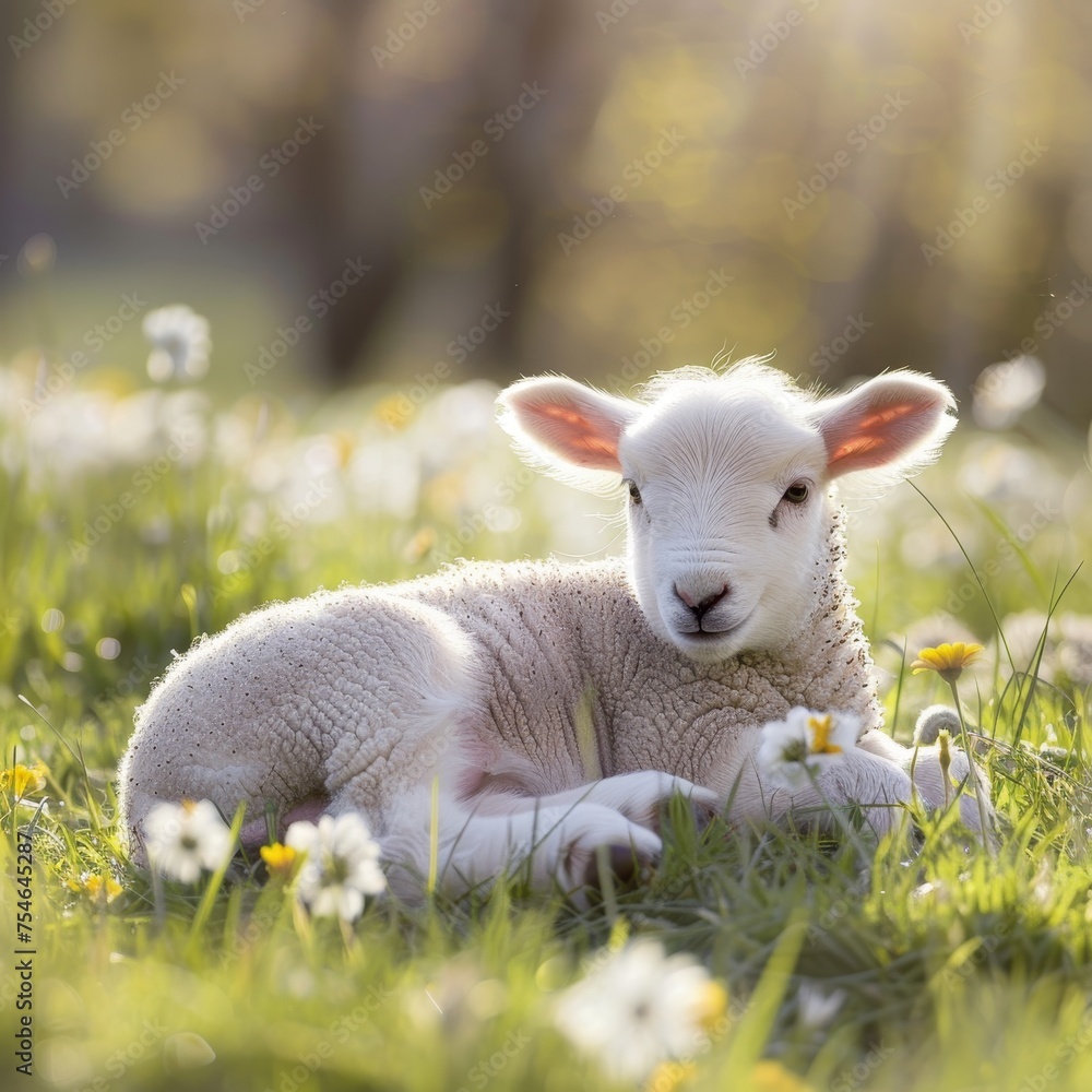 Obraz premium The Quintessence of Spring: A Young Lamb Finds Solace in the Vibrant Green Grass of Easter Morning