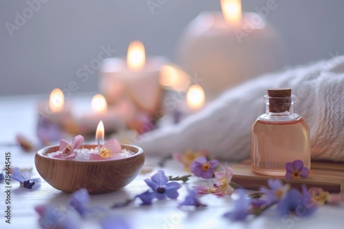 Spa setting with candles  flowers  and massage oil