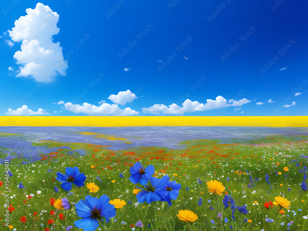 A vibrant field of blooming wildflowers under a clear blue sky.