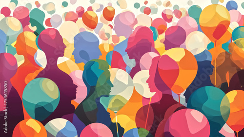 An illustration of a diverse crowd of silhouettes with colorful transparent balloons mingling in a festive atmosphere.
