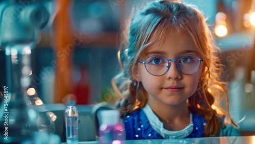 A cute little girl holds a microscope and holds a laboratory flask with a scientist testing water at school as an educational concept