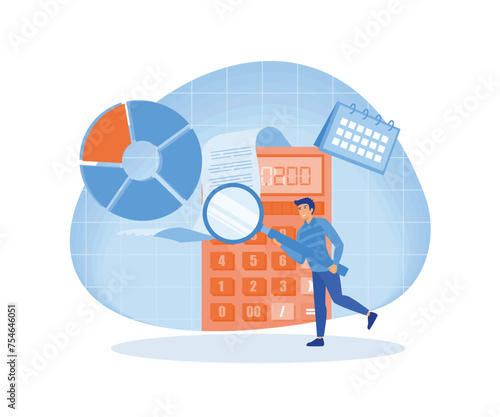 Man looking through magnifying glass at bill, check or invoice. Concept of accounting and auditing service for business, budget planning, revenue calculation. flat vector modern illustration