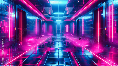 Portal to Tomorrow: A Futuristic Corridor Gleaming with Neon Light, Leading the Way into a World of Advanced Technology and Design
