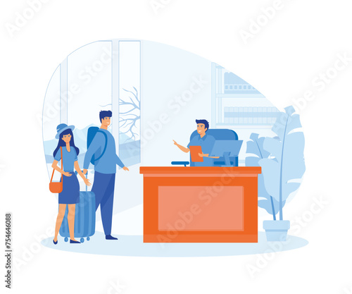 Receptionist job concept. Customers consulting manager at reception. Tourists checking in to hotel, standing at desk in lobby. flat vector modern illustration