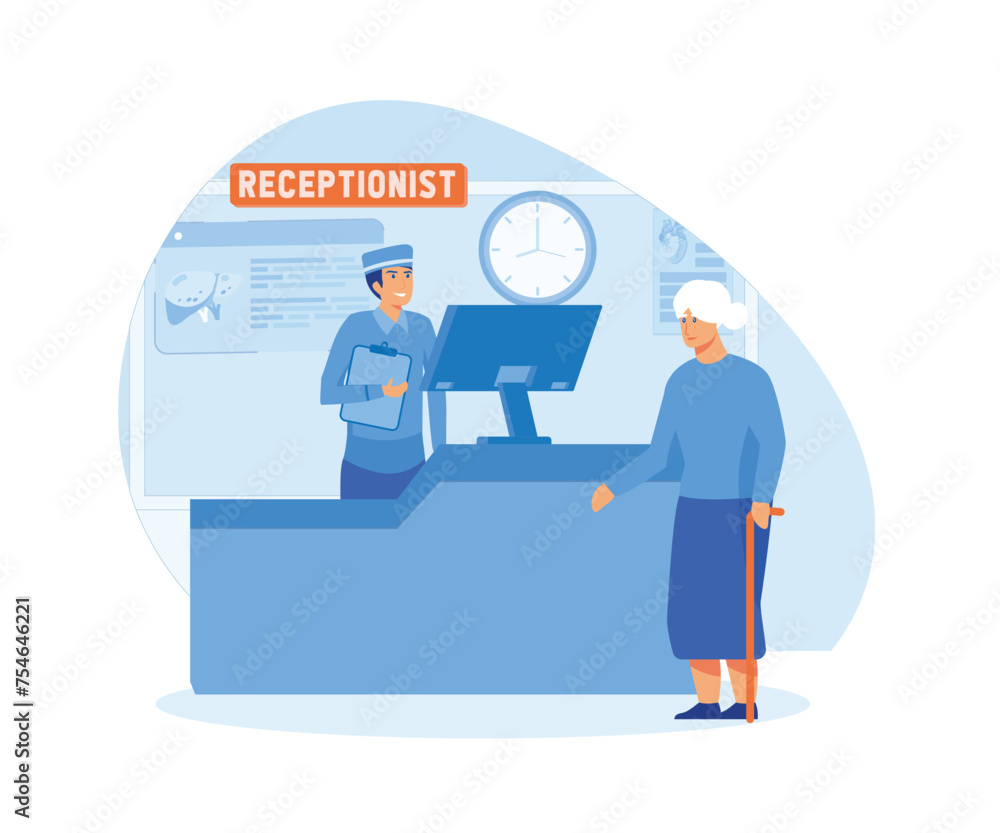 Hospital receptionist giving old woman information, checking in for appointment. Senior lady visiting medical clinic office, worker providing support to patient. flat vector modern illustration