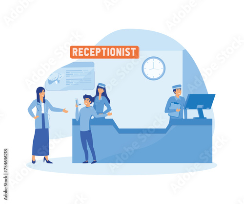 Reception in hospital with patients. Waiting room with disabled man. flat vector modern illustration