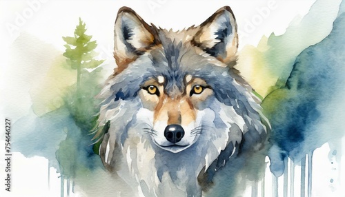 Watercolor portrait of a gray wolf in the wild using natural colors in a remote mountain setting