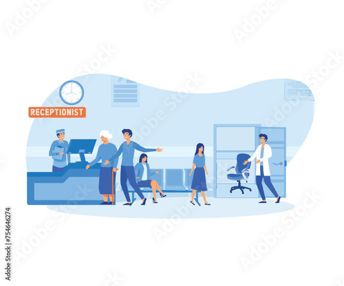 Patients at a hospital reception desk registering and paying at the desk or sitting waiting for the doctor in a healthcare concept. flat vector modern illustration