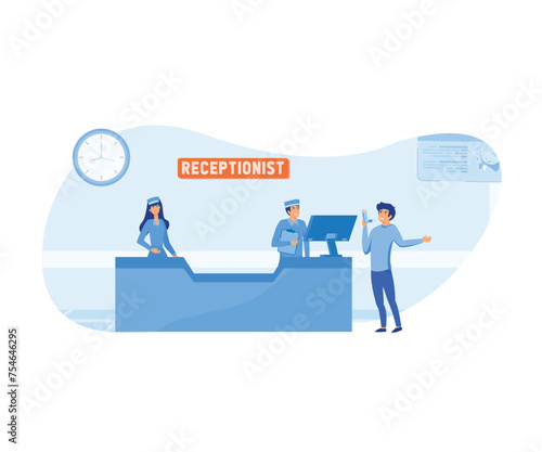 Hospital reception concept. A man walking to a hospital reception where he is greeted by a smiling young woman. Man asks a question to the hospital register office. flat vector modern illustration